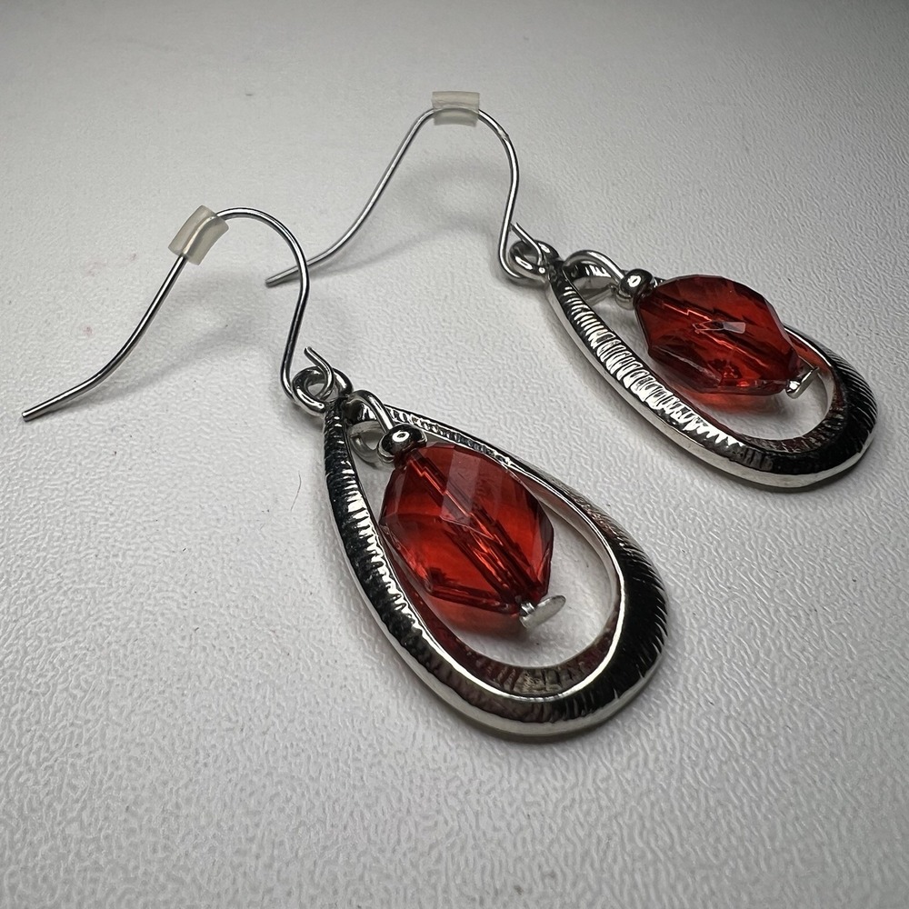 Vintage Red Bead Drop Silver Toned Earrings